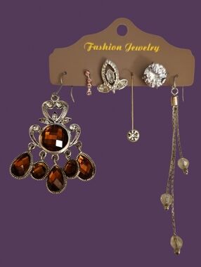 Vintage Set Of Six Single Rhinestone Chandalier Dangle Post Earrings